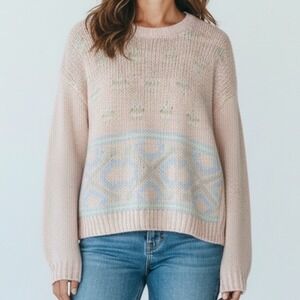 Vintage Perfect Designs Women's Large  Sweater Peach Blue Hand Knitted Flowers